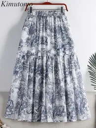 Skirts Kimutomo Vintage Ink Painting Print Pleated Skirt Woman Elegant High Elastic Waist Folds Design Versatile Big Swing Long Skirts 230428