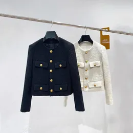 Женские верхние куртки, новая весенне-осенняя твидовая куртка, пальто, модная шерстяная черная короткая верхняя одежда с золотыми пуговицами