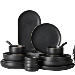 Plates Matte Frosted Gilt Rim Black Porcelain Dinner Plate Set Kitchen Ceramic Tableware Dishes Rice Salad Noodles Bowl