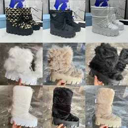 Tasarımcı Kadınlar Shearling patik kayak botları kar botları apres-ski bot yükselen sıcak ayak bileği botları ve yarım bot su geçirmez yün botlar metal üçgen logo boyutları 35-41