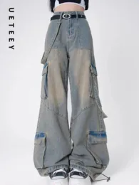 Calças de brim femininas ueteey azul cintura alta perna larga calças de carga streetwear y2k moda 2023 versátil solto denim mãe