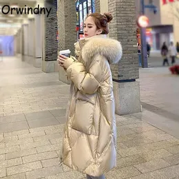 Leather Orwindny Fashion Long Parkas Snow Wear Drawstring Slim Fashion Windproof Jackets Women Large Fur Collar Hooded Warm Coats Female