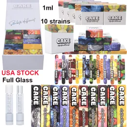 USA Warehouse Atomizers Cake Full Glass Empty Vape Cartridges Packaging 1ml Ceramic Coil Carts Thick Oil Bottom Filling Press Fit 510 Thread 500pcs Per Lot