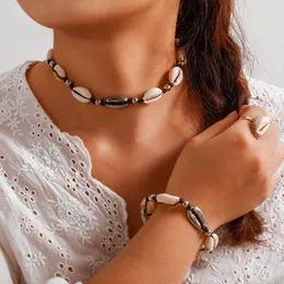 목걸이 귀걸이 세트 Huatang 2023 Boho Sea Shell Choker Clavicle Bracelet Ring Handmade Braided Rope 체인 조절 가능한 여성 보석