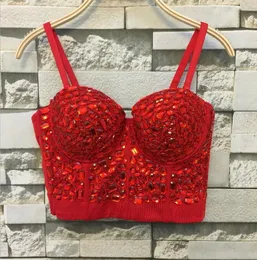 Camis Eşsiz Kırmızı Rhinestone Gaga Budier İnci Elmas Push Up Night Club Bralette Kadın Sütyen Top yeleği moda W1172