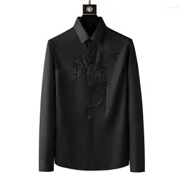 القمصان غير الرسمية للرجال على الطراز الصيني قميص طباعة راينستون الرجال 2023 الخريف الطويل الأكمام النحيفة الفستان الرسمي اللباس الاجتماعي تراتسيدو