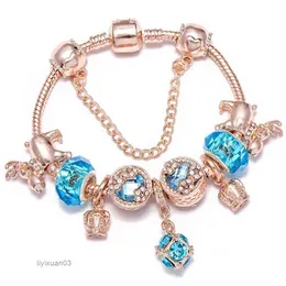 Charm Bracelets Top Quality Rose Gold Silver Beads Blue Murano Glass Heart Crystal Butterfly Fits European Pandora s Safety Chain Jewelry Diy Women QKRS