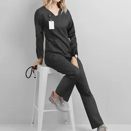 Женские брюки из двух предметов, рабочий комплект из двух предметов, с длинным рукавом, v-образным вырезом, однотонный топ с карманами, модные брюки-вокеры