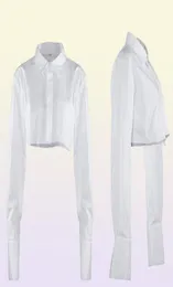 Women039s Blouses Shirts White Croped Tops Women Turndown Collar Long Sleeve Short Shirt Cotton Pocket Design Single Breaste2191642