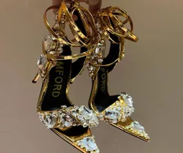 Cristal métallique embelli AnkleTie Sandales à talons aiguilles pour femmes Chaussures de soirée à bout ouvert Cuir de veau miroir lu1626584