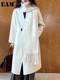 Miscele da uomo EAM Beige Taglia grande con sciarpa Nappa e cappotto scollo a V manica lunga giacca da donna Moda Autunno Inverno 2023 1DH2518 231128