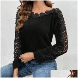 Camicette da donna Camicette Camicetta da pendolarismo Patchwork Colore Piviere Top O-Collo Hollow Lace Splicing Loose Fit Maglieria Streetwear Drop Deli Dhxv3