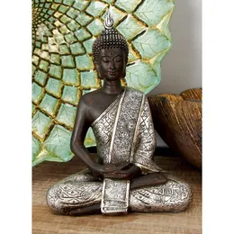 Meditierende Buddha-Skulptur aus schwarzem Polystone, 6 x 8, mit gravierten Schnitzereien und Reliefdetails, von