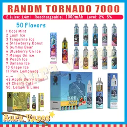 Оригинальная электронная сигарета RandM Tornado 7000 Puff Disposable Vape Pen 14 мл, 50 вкусов, 6 ярких цветов, перезаряжаемый кондиционер Puff 7000 Vape