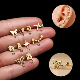 Thin Rod Stainless Steel Butterfly Stud Earrings Star Moon Flower Fruit Screw Back Ear Nail Cartilage Puncture Ear Bone Studs Nail Sleep Free Ear Rings Wholesale