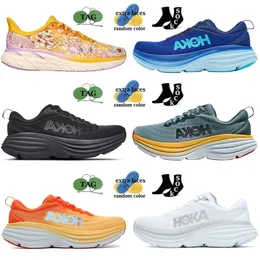 Homem Hoka Running Shoes Clifton Bondi 8 Mulheres Treinadoras Floral Designer Absorção Carbono X 2 Espaço Exterior de Orange Rosa 36-45 Corredores de Prímula da noite 2023 com meias