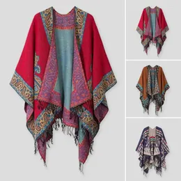 Scarves Cold Weather Scarf Vintage Print Tassel Irregular Hem Women's Cape Poncho Geometric Contrast Color Imitation Cashmere Fall