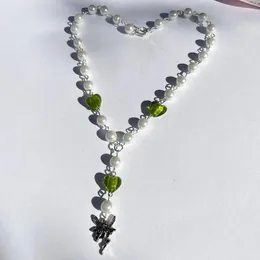 Kedjor Green Fairy Hand Pärled Glass Pearl White Rosary Chain Halsband Garden för Cute Funky Party