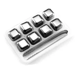 Juego de 9 piedras para whisky de acero inoxidable, cubitos de hielo reutilizables, piedras para enfriar vino, cerveza, bebidas (juego de 8, pinzas de punta, Odro para hielo)