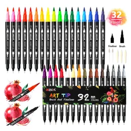 Akvarell ZSCM 32 färger Duo Markers Art Pen Set Artist Fine and Brush Tip Colored Pens for Kids Adult Coloring Books P230427