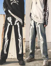 Men Skeleton Printed Jeans Pants Mens High Street Wide Legs Straight Loose Hip Hop Harem Jeans Young Casual Denim Pants Overalls G4323891