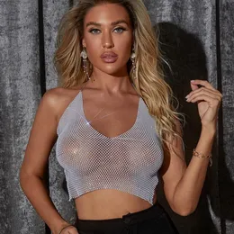 Camiseta sexy transparente com lantejoulas, regata branca, espartilho, top feminino, malha de verão, festa, halter, y2k, roupa de balada, costas abertas, tops femininos