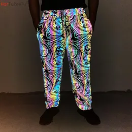 Pantolon Joggers Sweatpants Erkek Güvenlik Yansıtıcı Pantolon Artı Boyutu Yüksek Elastik Renkli Gökkuşağı Yıldızlı Gece Baskı Büyük Boy Pantolon