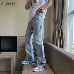 Мужские джинсы Celana Denim ulzzang untuk pria fashion longgar lurus tipis musim panas fesyen jalanan tinggi santai harian warna polos 230427