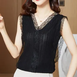 Tops Black Lace Tank Tops Women 2022 Summer vneck Sleeveless Hollow Out White Ladies Casual Woman Close Haut Top Mujer Haut Femme