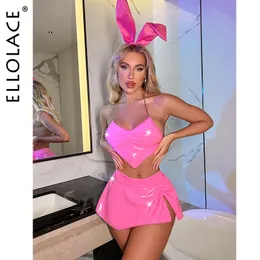 Sexy Set Ellolace Lingerie Lateks Neon Pink Pakaian Dalam Wanita 3-Piece Kelinci Seksi PVC Pakaian Seksi Klub Malam Kulit Kostum Erotis 230427