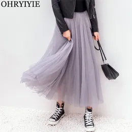 Skirts OHRYIYIE Spring Summer Vintage Long Tulle Women Elastic High Waist Mesh Pleated Tutu Female Jupe Longue 230427