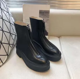 The row smooth Leather Ankle Chelsea Boots platform zipper slip-on round Toe block heels Flat chunky boot luxury designer factory footwear High quality shoes
