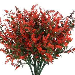 Dekorativa blommor kransar 6 bitar av konstgjorda lavendelväxter realistiska och falska buskar gröna buskar trädgårdsdekoration (orange röd)