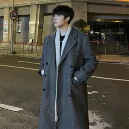 Men's Trench Coats Windproof Double Breasted Korean Version Loose Long Knee Add Cotton Thick Woolen Coat Business Casual Parka