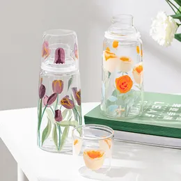 Wasserflaschen Ins Glasbecher-Flaschen-Set Juicy Cold Water Container Home Summer Drinkware Tulips Rose Printed 750ml Teekannen-Sets 230428