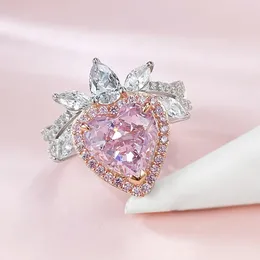 Anillo de diamante de moissanita rosa con corazón de Reina, Plata de Ley 925 100% auténtica, anillos de boda para fiesta, joyería de compromiso para hombres y mujeres