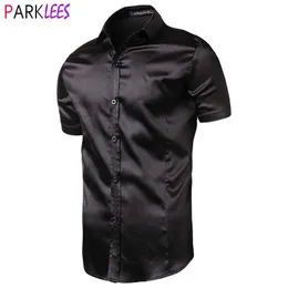 남자 드레스 셔츠 세련된 검은 색 새틴 셔츠 남자 2020 여름 짧은 소매 실크 남성 드레스 셔츠 캐주얼 파티 웨딩 이벤트 무도회 화학 homme p230427