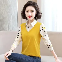 قمصان مزيفة قميص قاع Twopiece New Fashion Polka Dot Print Shirt Women Longsleeved Polo Top S4XL