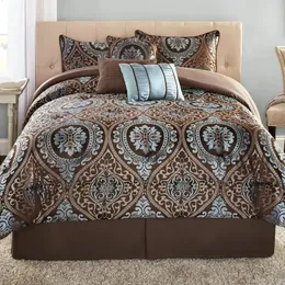 Sheet sets 7 Piece Comforter Bed Set Shams Dec Pillows Skirt Brown For Adults High Quality Skin Friendly Bedding 231128