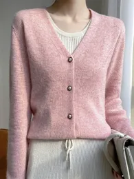 Suéteres Beliarst 100% lã merino suéter feminino decote em v malha cardigan solto casual top moda pérola botão jaqueta primavera outono