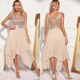 Women's Sexy Sleeveless V Neck Sequin Formal Dress Hem Asymmetrical A Line Evening Party Cocktail Swing Dress