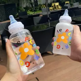 Baby Bottles# Cute Cartoon Plastic Water Bottle Pacifier Straw Cup Suitable For Adult Children Milk Drinking Bottle Flower Baby Feeding Bottle 231127