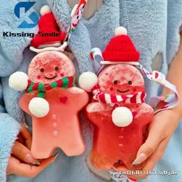 Tumblers 10pcs Kawaii Water Bottle Bpa Free Portable Snowman Christmas Decor Gingerbread Man Cup Juice Milktea Drink Kettle Party Gift 231128