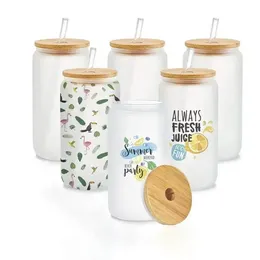 US Warehouse 16oz Sublimation Glass Beer Mugs with Bamboo Lid Straw DIY Blanks Frosted Clear Can Shaped Tumblers Cups Heat Transfer Cocktail NEW bb0428