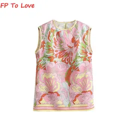 Tops fp to love 2022 verão rosa impresso em torno do pescoço sem mangas elegante topo feminino cintura alta casual retro pulôver