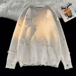Herrtröjor o-hals långärmad pullover stickad retroinspirerad lös passform tröja med rippad tofs kors för höst/vinter