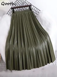 Юбки Qooth Женщины Осень Миди Пу искусственная кожаная плиссированная юбка Элегантная винтажная эластичная высокая талия
