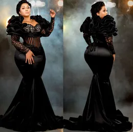 Nigeria Plus Size Aso Ebi Prom Dresses Long Sleeves Lace Mermaid Evening Dress African Arabic Second Reception Robe De Soiree Engagement Birthday Party Gowns AM071