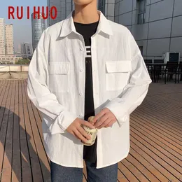 Men's Dress Shirts RUIHUO 2023 New Spring Solid Casual Long Sleeve Shirt Men Slim Fit Cotton Japan Style Men Shirt Male Clothing Brand Tops M-5XL P230427