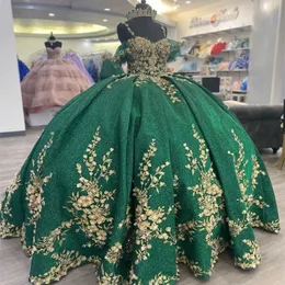 Verde esmeralda brilhante quinceanera vestidos para 16 menina cinta de espaguete apliques de ouro beading princesa vestidos de baile aniversário vestido de baile vestidos de